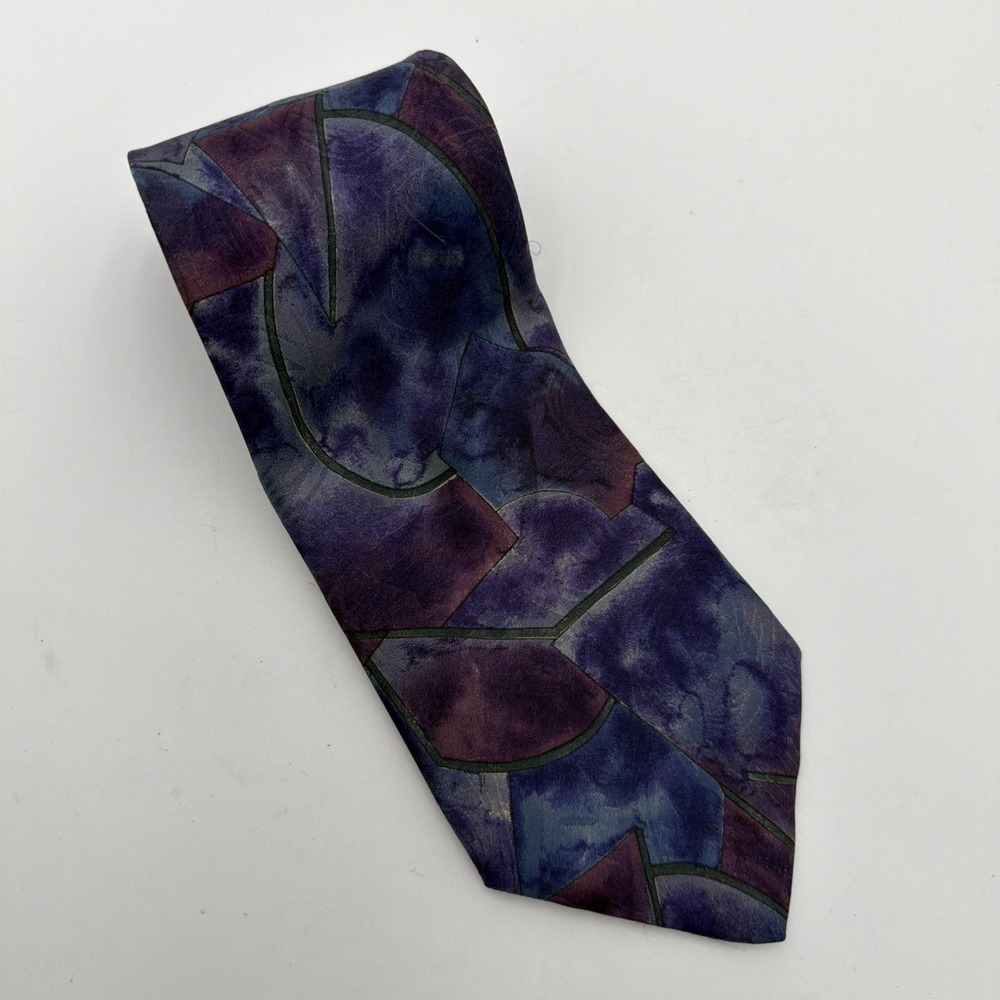 Oleg Cassini Tie Necktie Blue Purple Multicolor Mosaic‎ Pattern  55" 100%  Silk